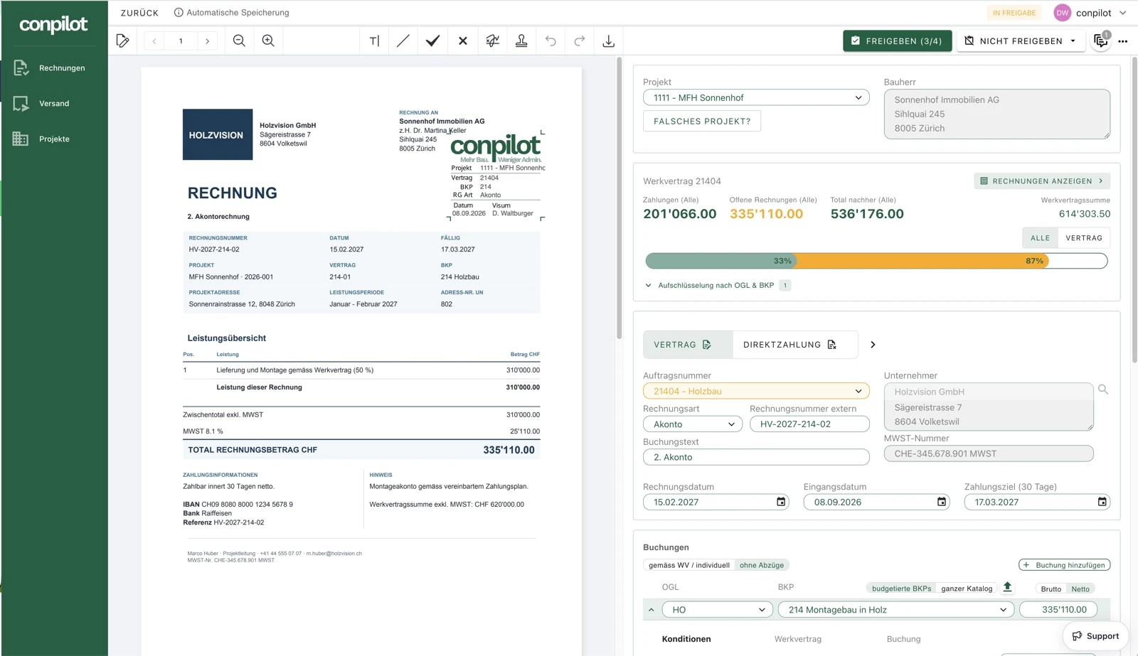 conpilot Rechnungsprüfung: Beleg, Projekt, Auftrag, BKP und Auftragskosten direkt nebeneinander.