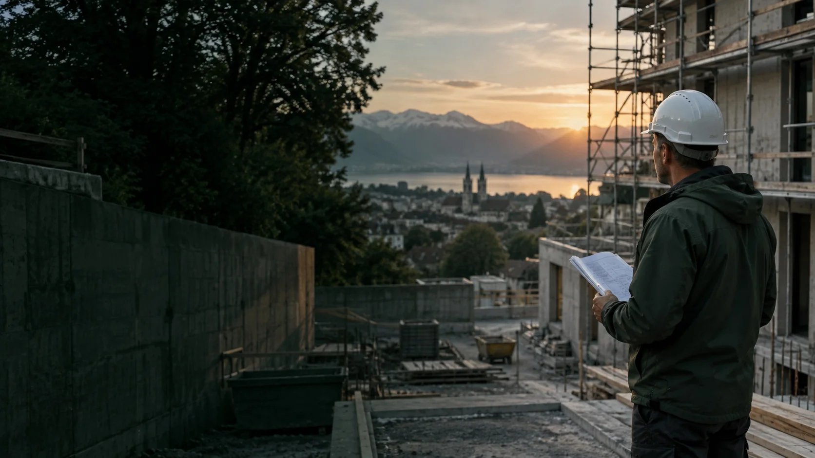 Bauleiter mit Plänen auf einer Baustelle