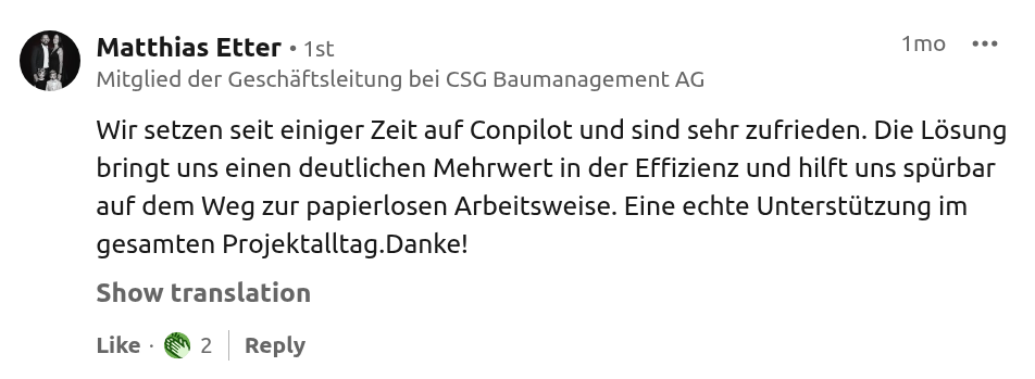 Öffentlicher LinkedIn-Kommentar von Matthias Etter über conpilot