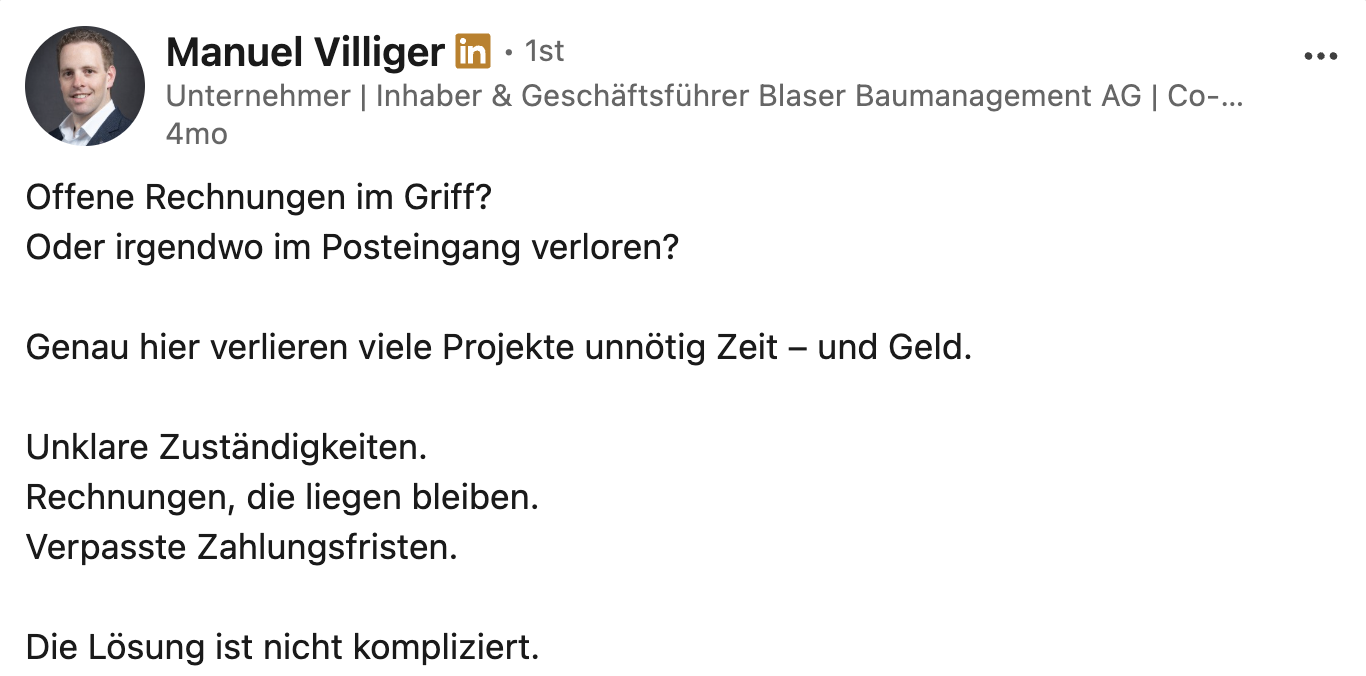 Öffentlicher LinkedIn-Beitrag von Manuel Villiger über offene Rechnungen